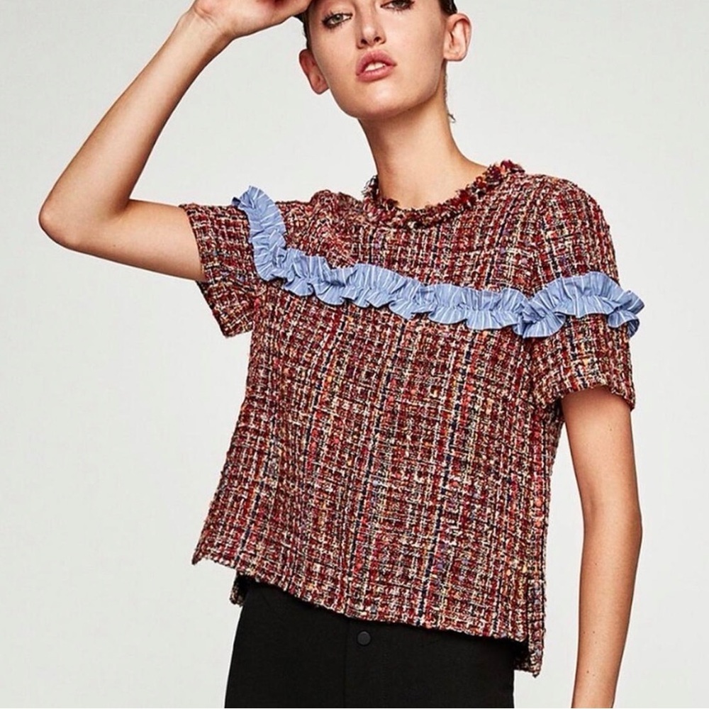 Zara Multicolor Tweed Blouse with Blue Ruffle